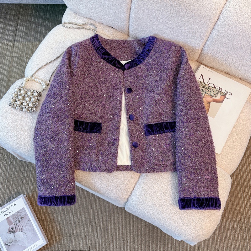 Real Shot of Purple Small Fragrant down Jacket for Women 2025 Autumn and Winter New French High-End Sequined White Duck down Jacket