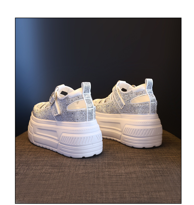Giày sneaker nữ đế dày tăng chiều cao, phối đá rhinestone, kiểu dáng thể thao trắng tinh — màu trắng chi tiết 20