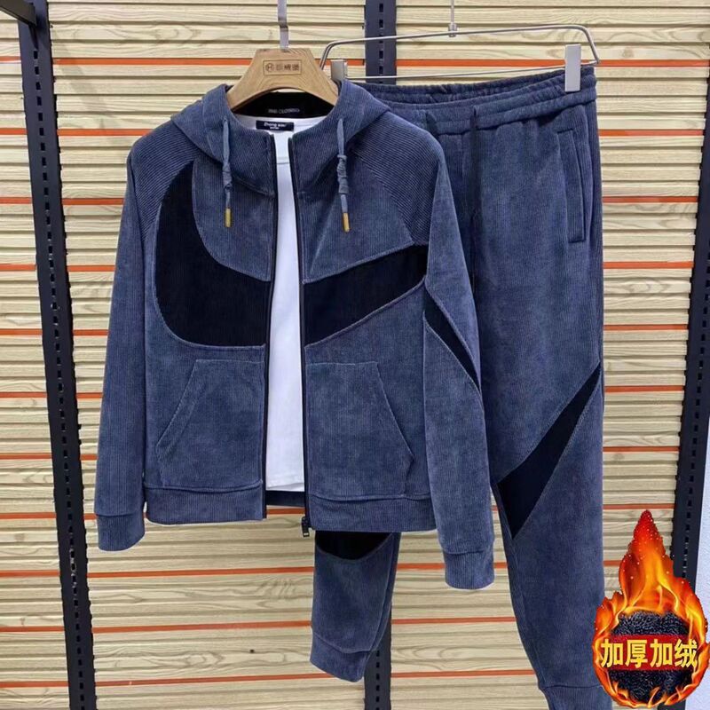 Corduroy Sports Suit for Young Men Running Loose Breathable Sweatshirt Autumn and Winter Casual Fashion Hooded Sportswear