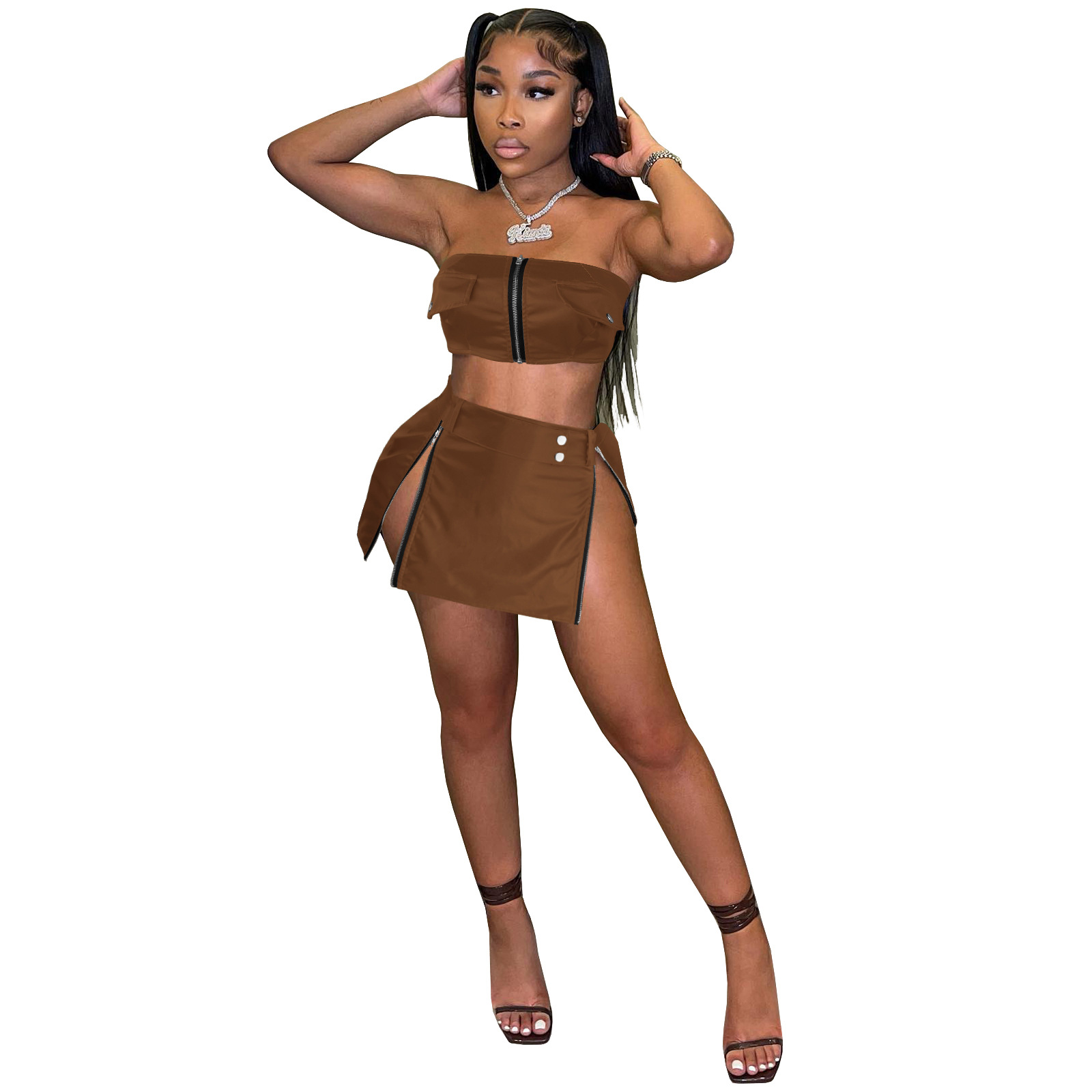 Daily Women's Sexy Streetwear Solid Color Pu Spandex Skirt Sets Skirt Sets display picture 20