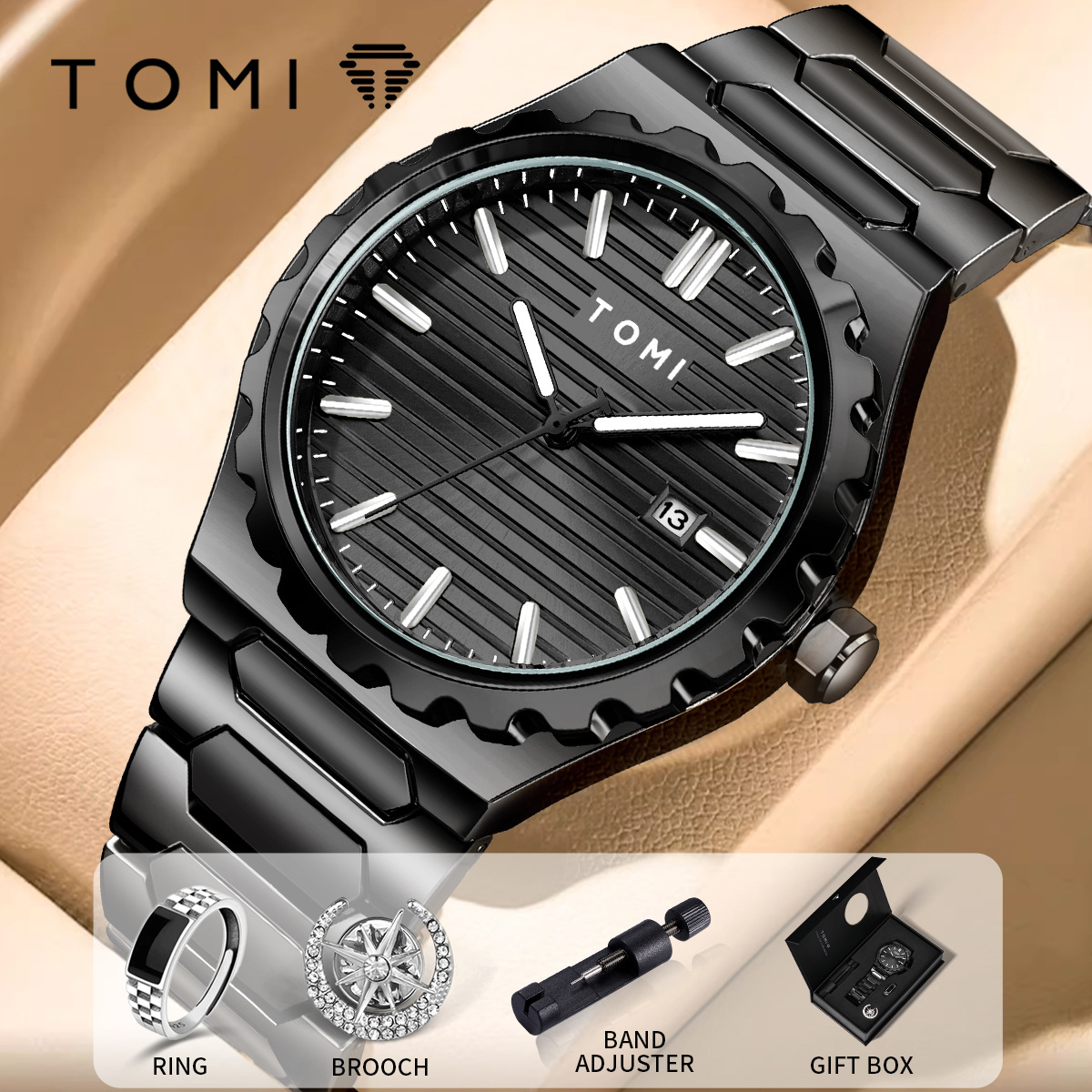 【Direct from Manufacturer】Tomi Simple Style Waterproof Business Men's Classic Steel Band Watch Set