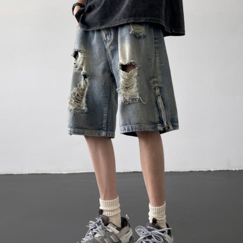 Ripped Denim Shorts Men's Summer Thin American Style High Street Zipper Split Loose Straight Casual Pants
