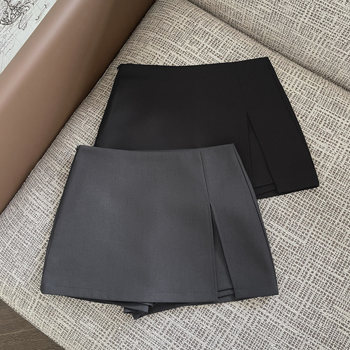 Hot girl half-body skirt, women's spring and autumn A-line culottes, high waist, slimming split gray suit skirt, women's black short skirt pants