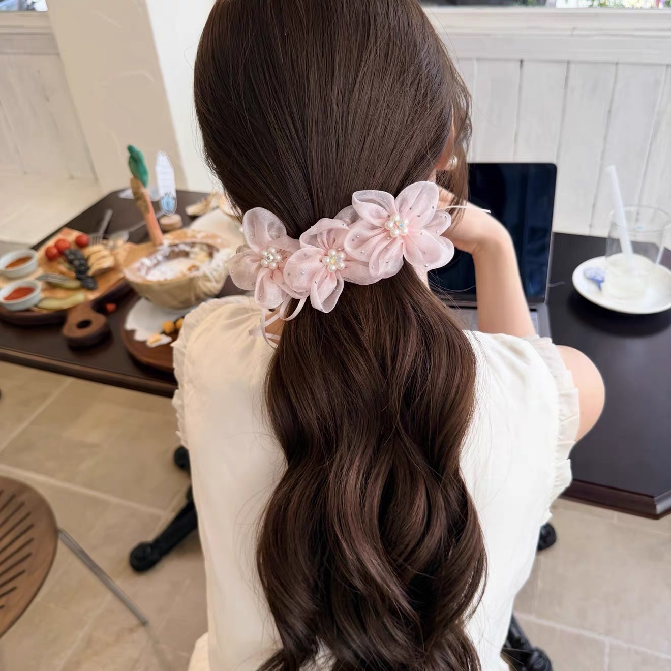 91# light pink mesh pearl three cherry blossom banana twist clip - 13cm