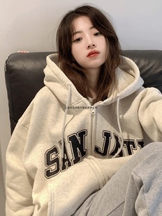 Txt Zipper Cardigan American Loose Spring & Fall Lazy Style Thickeneded Hooded Sweatshirt Women's Oversize Velvet Jacket
