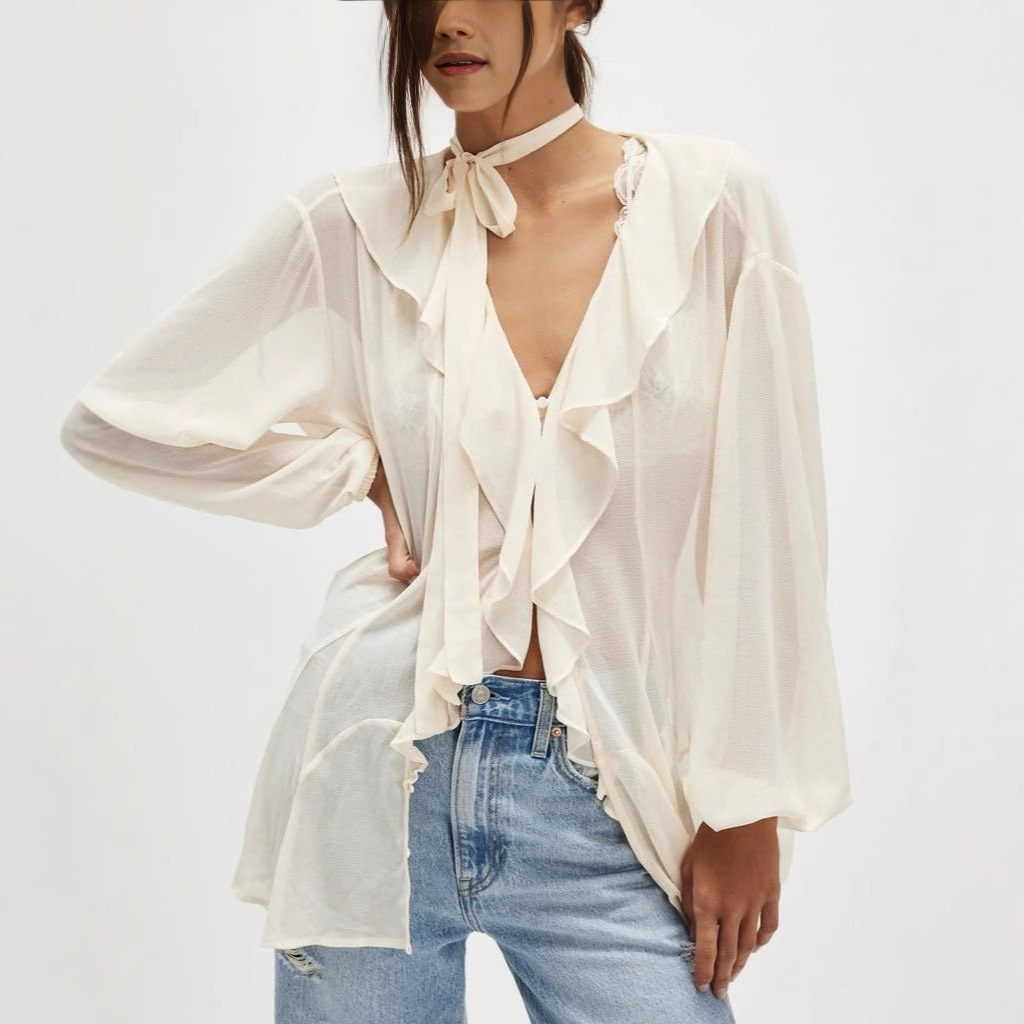 2025跨境新款夏季女装纯色v领性感透视绑带荷叶边喇叭袖雪纺衬衫