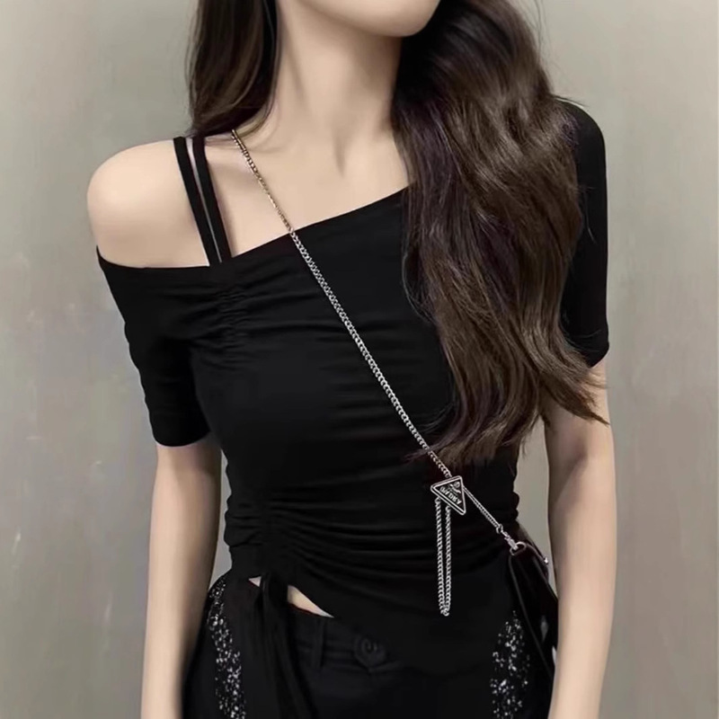 Off-Shoulder Drawstring Short-Sleeved T-Shirt for Women Summer Sexy New Style Chic Sexy Pleated Collarbone One-Shoulder Slanted Shoulder Top