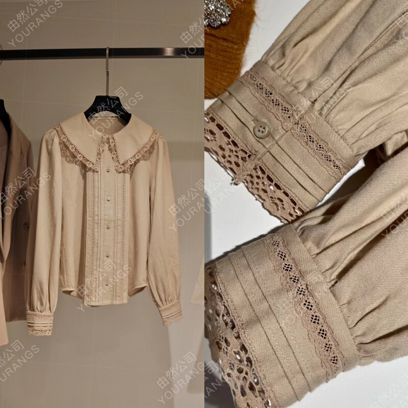 [Lost Qing 120] cream color heavy industry pleated lace VB lace stitching large lapel shirt