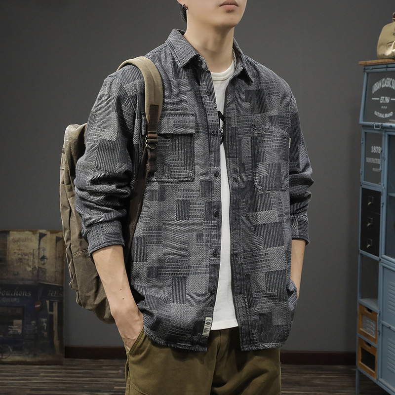 秋季潮牌新款复古水洗格子牛仔衬衫男痞帅休闲上衣夹克工装薄外套