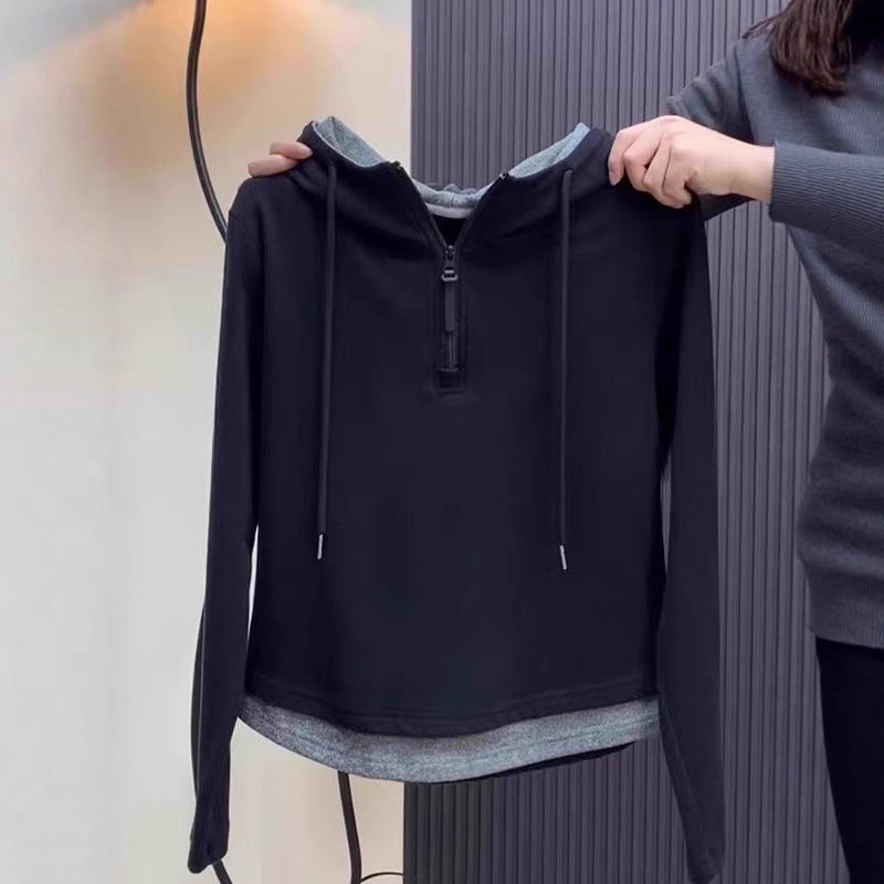 The Upper Body Is Beautiful ~ Fake Two-Piece Hooded Half-Zip Sweatshirt for Women in Autumn and Winter New Black Slimming Look Long-Sleeved Top