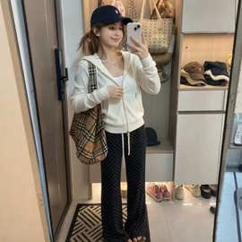 2196新款辣妹连帽v领拉链开衫+吊带+松紧腰波点休闲裤3件套
