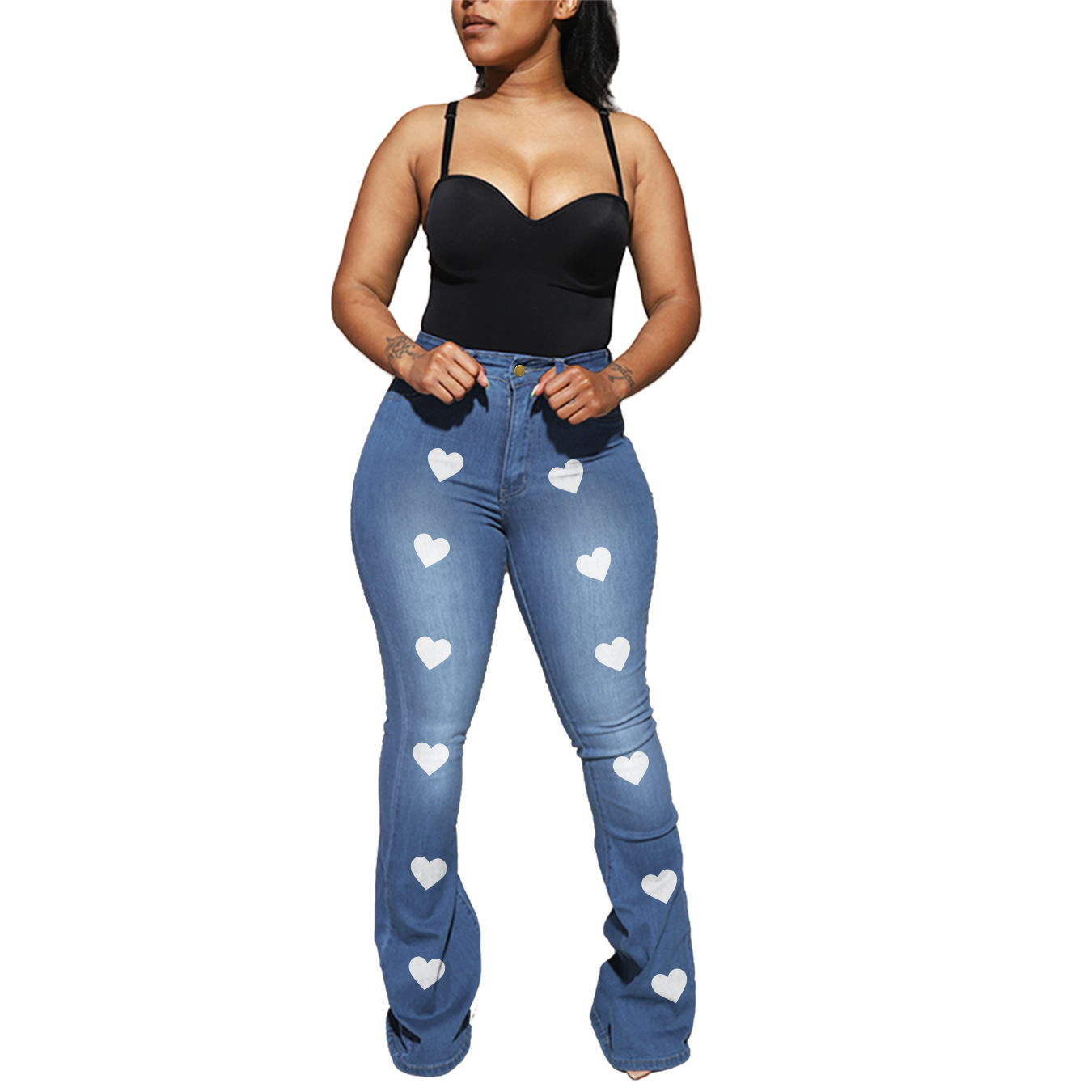 Plus Size High Waist Printed Slim Flared Jeans NSWL116079