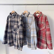 美式复古慵懒酒红色磨毛格子衬衫外套女秋冬款宽松百搭中长款衬衣