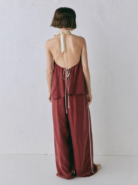Nuevo estilo transfronterizo europeo y americano comercio exterior ropa de mujer sin mangas cuello redondo color sólido pantalones de pierna ancha temperamento pantalones de traje de moda de viaje image 5