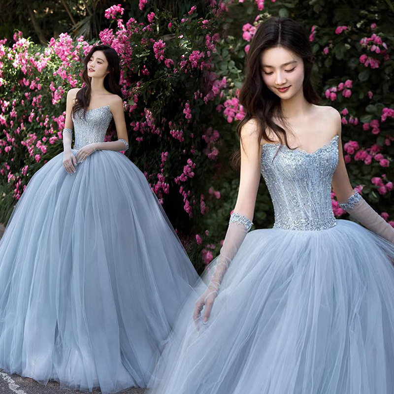 Brilliant Starlight Blue Bridal Wedding Dress, Toast Dress, High-End Banquet Performance Host, High-End Niche Evening Dress