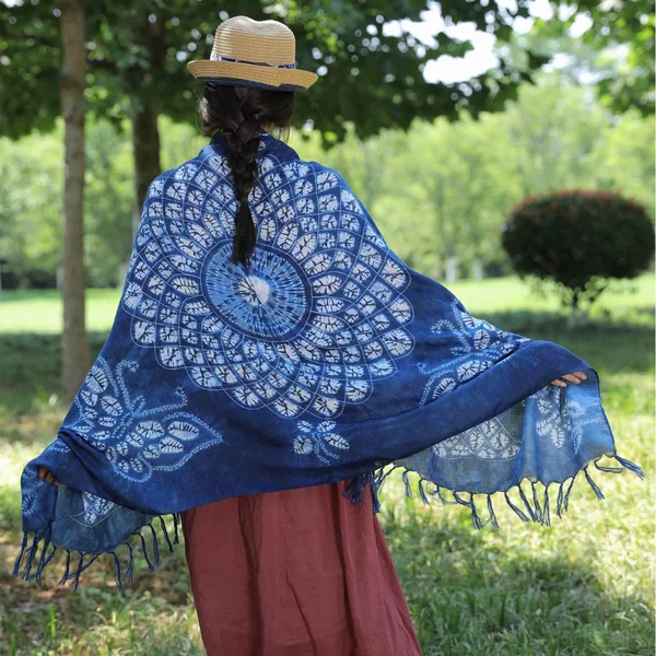 Ethnic Style Yunnan Imitation Batik Printed Scarf Tie-dye Scarf Navy Blue Shawl Travel Fashion Sun Protection Long Scarf