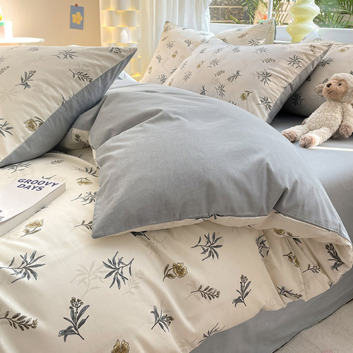  New Style Linen Four-Piece Set with Small Floral Patterns, Pure Cotton, Bed Sheet and Duvet Cover, Bed Skirt, Student Dormitory Three-Piece Set