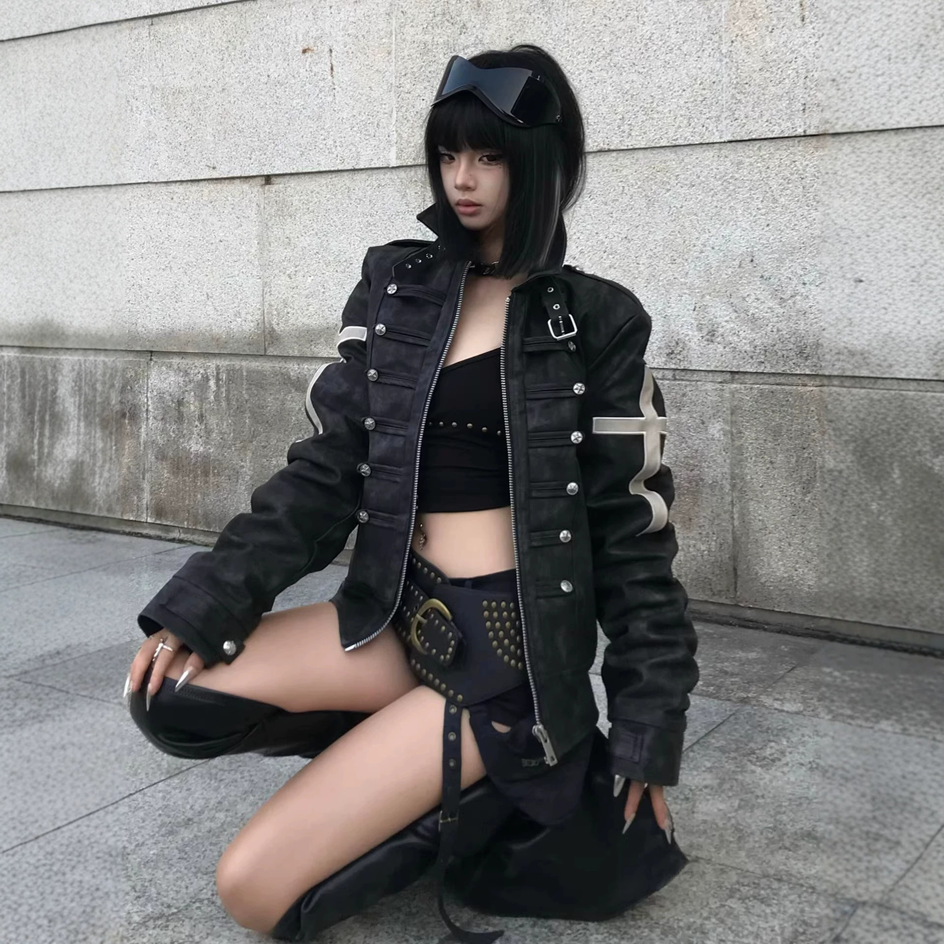 2026视觉系y2k亚文化黑色正肩外套女春秋季宫延风短款皮衣夹克上