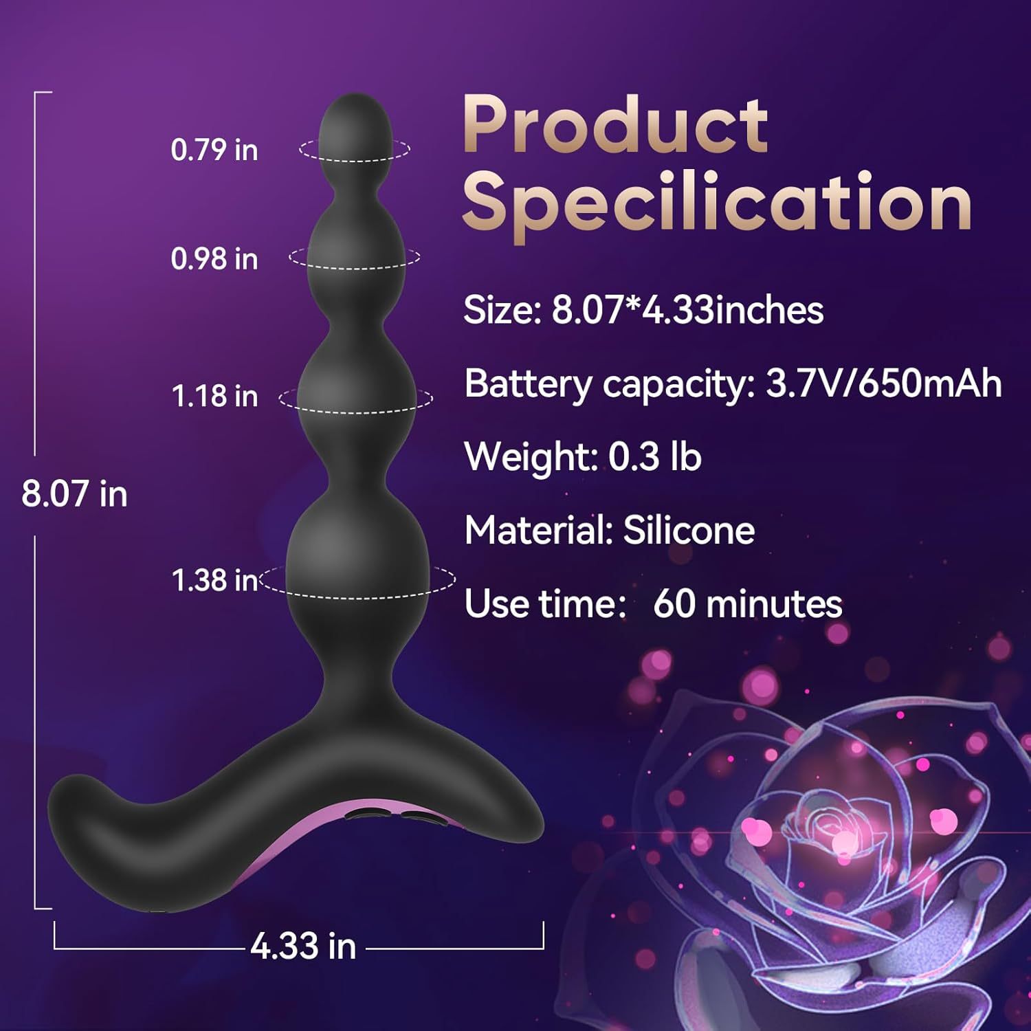 Rechargeable Vibrating Anal Plug with 10 Frequencies, Silicone, Black — detail image 5