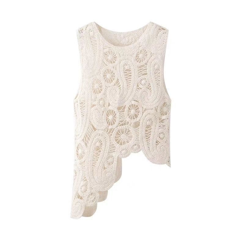 19 Knitted Irregular Retro Crochet Hollow Out Vest Blouse Top Summer New Short Sleeveless Design Backless