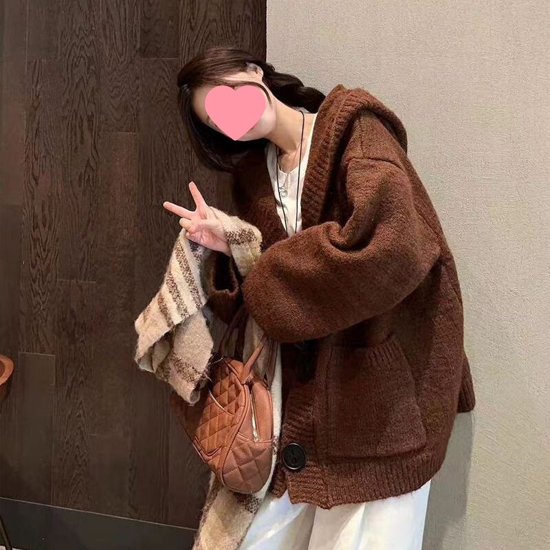 韩系慵懒风连帽外搭毛衣外套女2025秋冬新款宽松软糯羊驼针织开衫|undefined