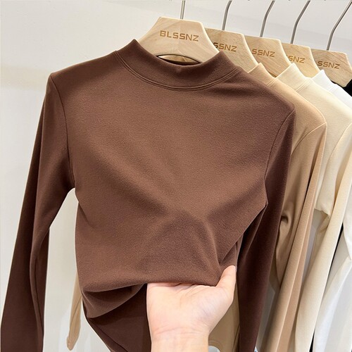 Autumn and Winter Double-Sided Fleece Thermal Solid-Color Base Shirt with Fleece Lining, Thickened, Half-Turtleneck, Slim-Fit, All-Match Long-Sleeved T-Shirt for Women