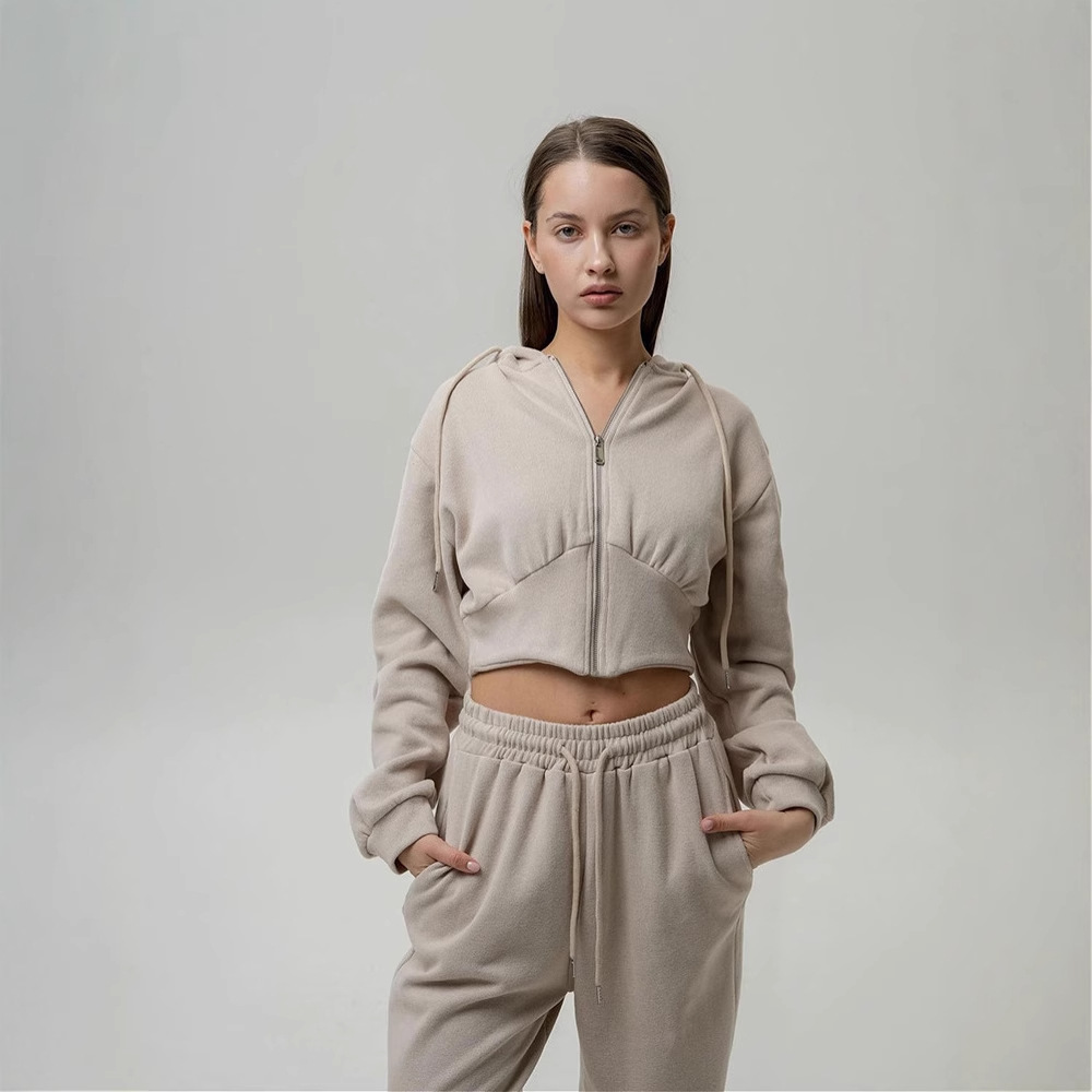 2025 Autumn New European And American Style Casual Women's Long Sleeve Zipper Hooded Sweatshirt Solid Color Drawstring_voghion.com