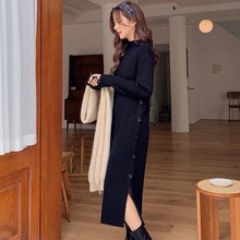 针织连衣裙秋冬大码女装配大衣高领打底裙宽松洋气长款毛衣裙过膝
