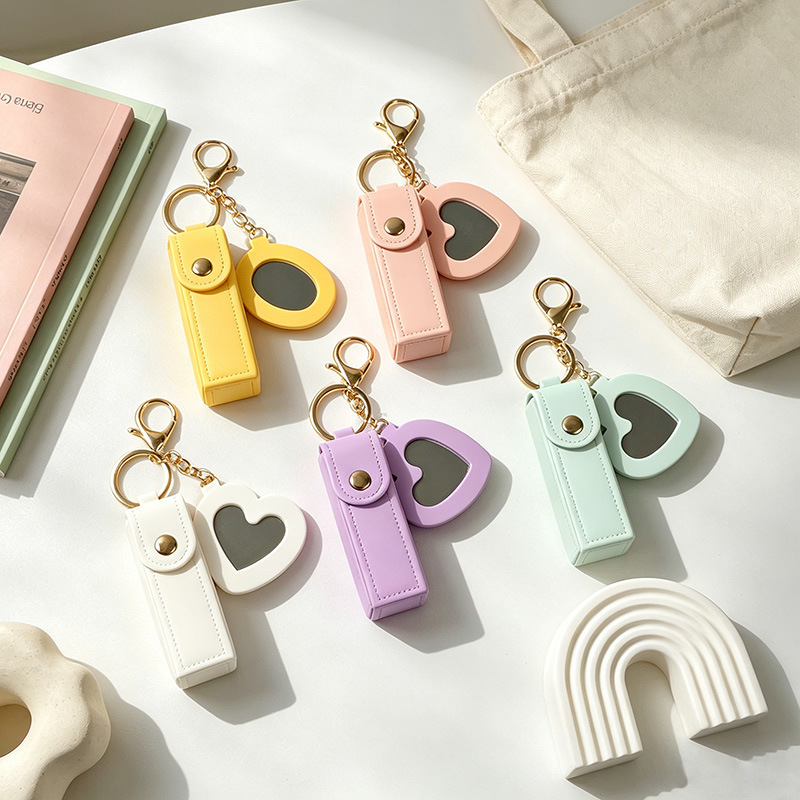 Portable Lipstick Bag, New Gift Leather Coin Purse, Keychain Pendant, Girls' Heart-Shaped Mini Makeup Mirror
