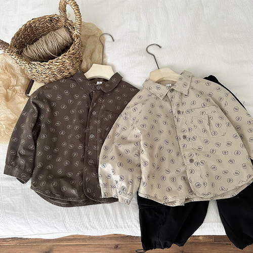 Boys' Long-Sleeve Shirt Spring and Autumn  New Korean Style Children's Stylish Shirt Jacket Striped Floral Top Autumn Outfit