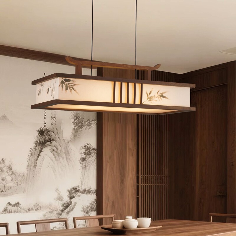Song Dynasty Aesthetic Restaurant Main Light Oriental Aesthetic Solid Wood Fabric Hand-Painted Bamboo Leaf Pattern Tea Room Study Bar Chandelier