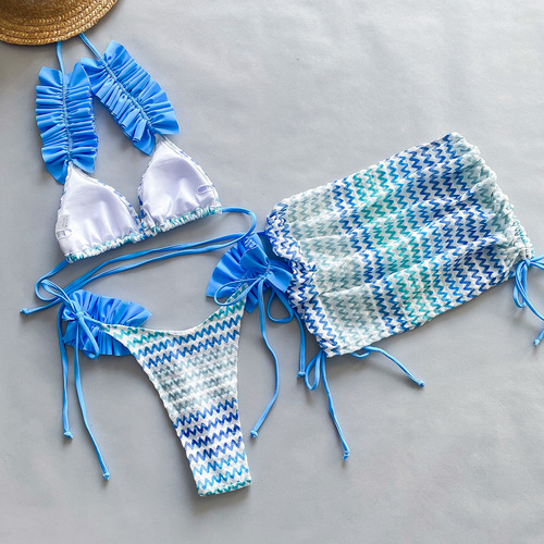 Three-piece set 2024 new bikini European and American bikini cross-border foreign trade pleated edge split women's swimsuit swimsuit