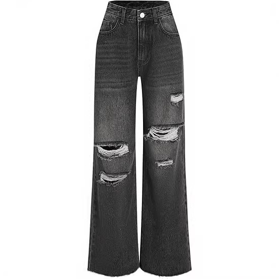 2026 Foreign Trade High-Waisted Vintage-Style Loose Straight Wide-Leg Pants with Holes, Unisex Distressed Jeans