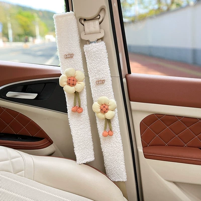for Cars, High-End Creative and Cute — Seat belt shoulder pad - light-yellow-sunflower-white-lambskin-shoulder-pads-49cm-pair