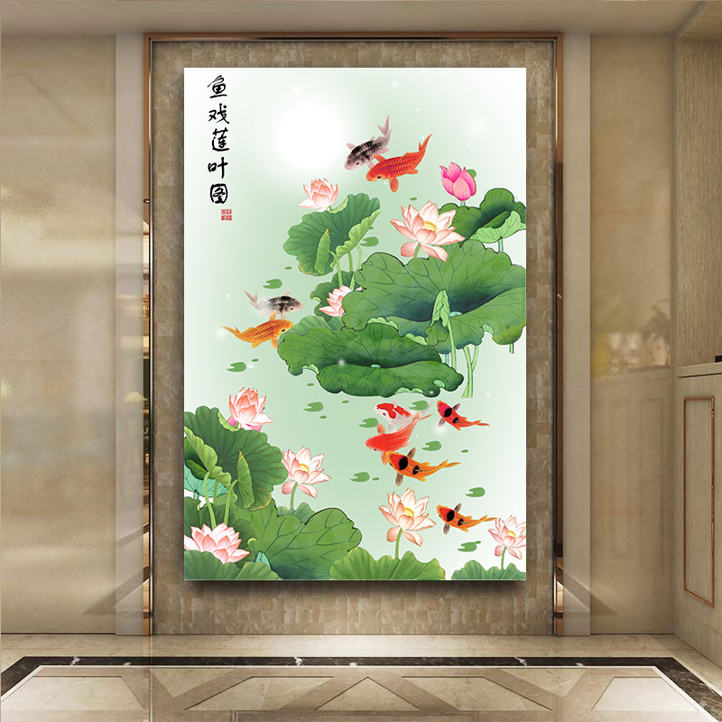 九魚図装飾画招財風水客間廊下通路入戸玄関壁画ハスの花竹壁貼り掛け絵|undefined