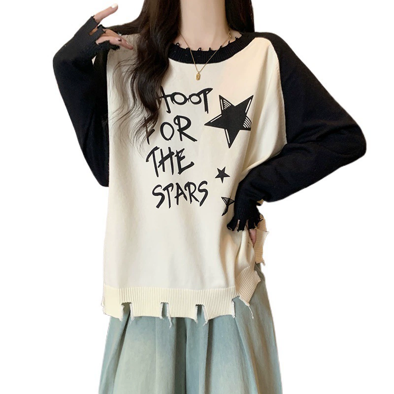 2024秋冬胖mm显瘦撞色印花针织衫高品质大码女装烂边流苏上衣代发