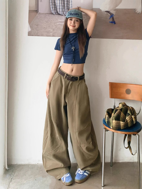 美式宽松阔腿慵懒松弛感弯刀牛仔裤子女夏秋新款辣妹休闲拖地长裤|undefined