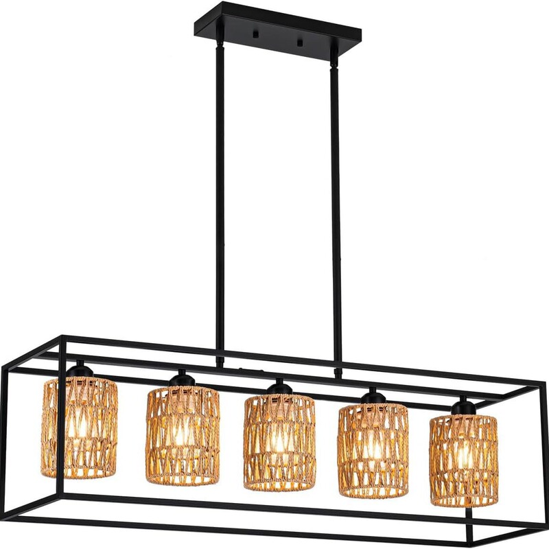 Cross Border Exclusive Rattan Kitchen Rectangular Chandelier For Dining Room Farmhouse Chandelier Modern Ceiling Hanging Chandelier