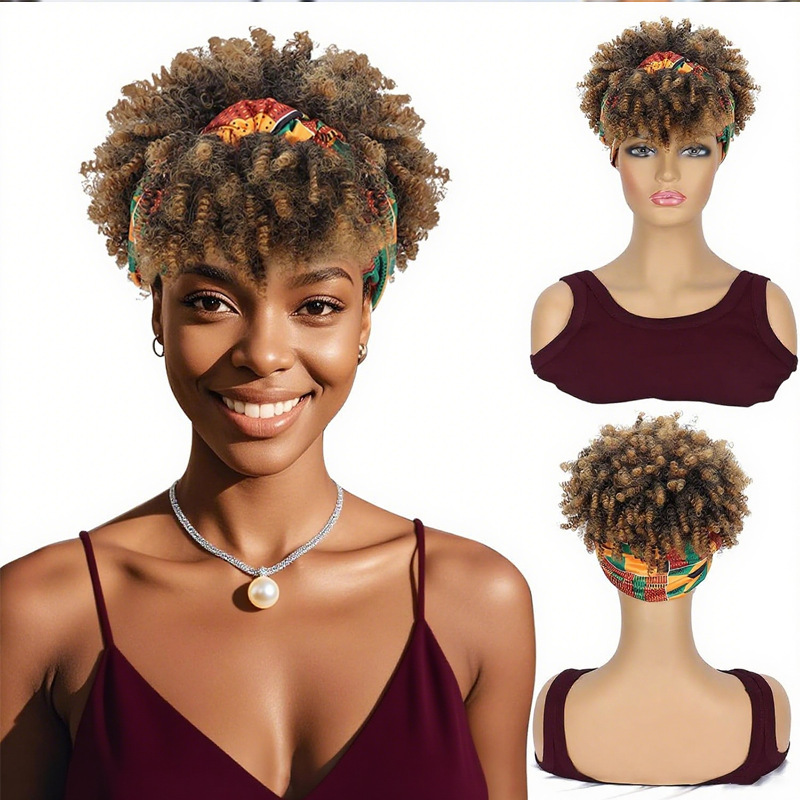 Synthetic Short Curly Hair Curly Short African Wig, Black Women's Bangs Wrap Wig 2 in 1 Head