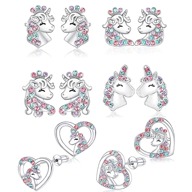 Cross-border Amazon Explosions European and American Diamond-encrusted Crown Unicorn Love Children Safety Bolt Earrings