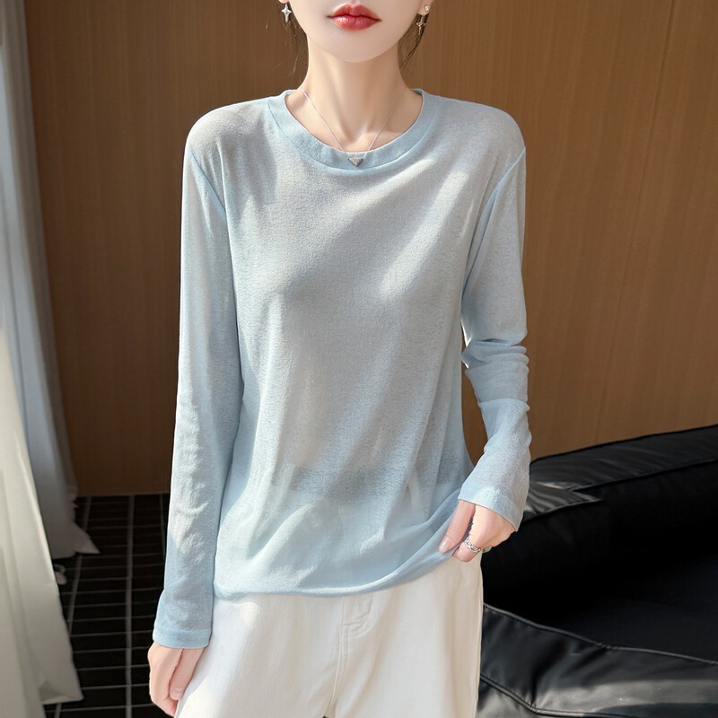 New Spring Collection: High-Quality Imitation Macaron Color Pullover Round-Neck Linen Knit Base Shirt, Versatile, Loose, and Lightweight