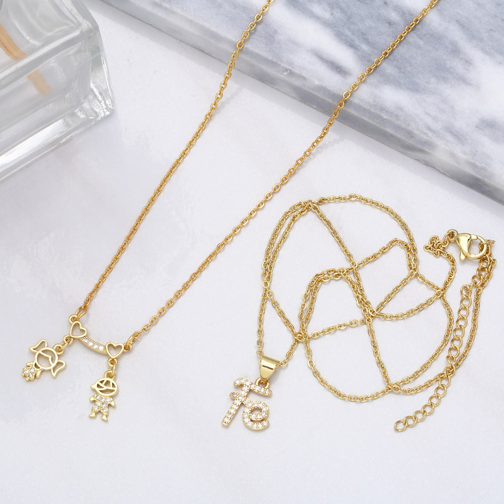 simple boy girl heart pendant copper gold-plated inlaid zircon necklace