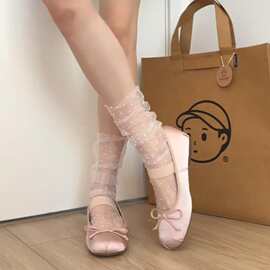 春夏黑色波点网纱堆堆袜夏季超薄透明纱小圆点中筒袜女袜甜美美腿