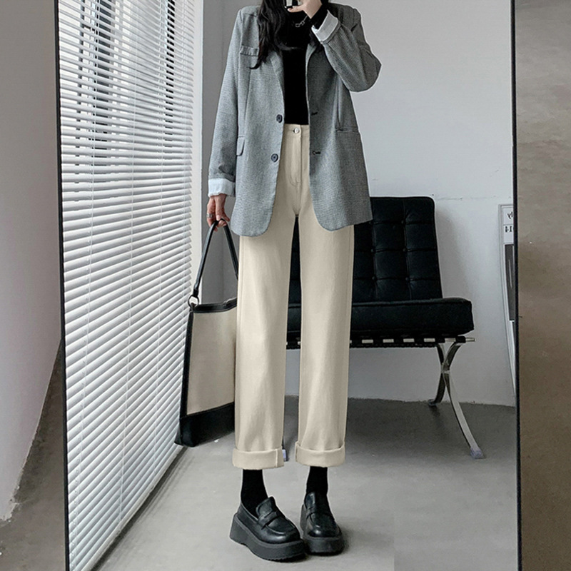 Off-White High-Waisted Women's Straight-Leg Loose Jeans for Petite Figures, Wide-Leg Pants Wholesale, Fashionable, Versatile, Comfortable, Casual