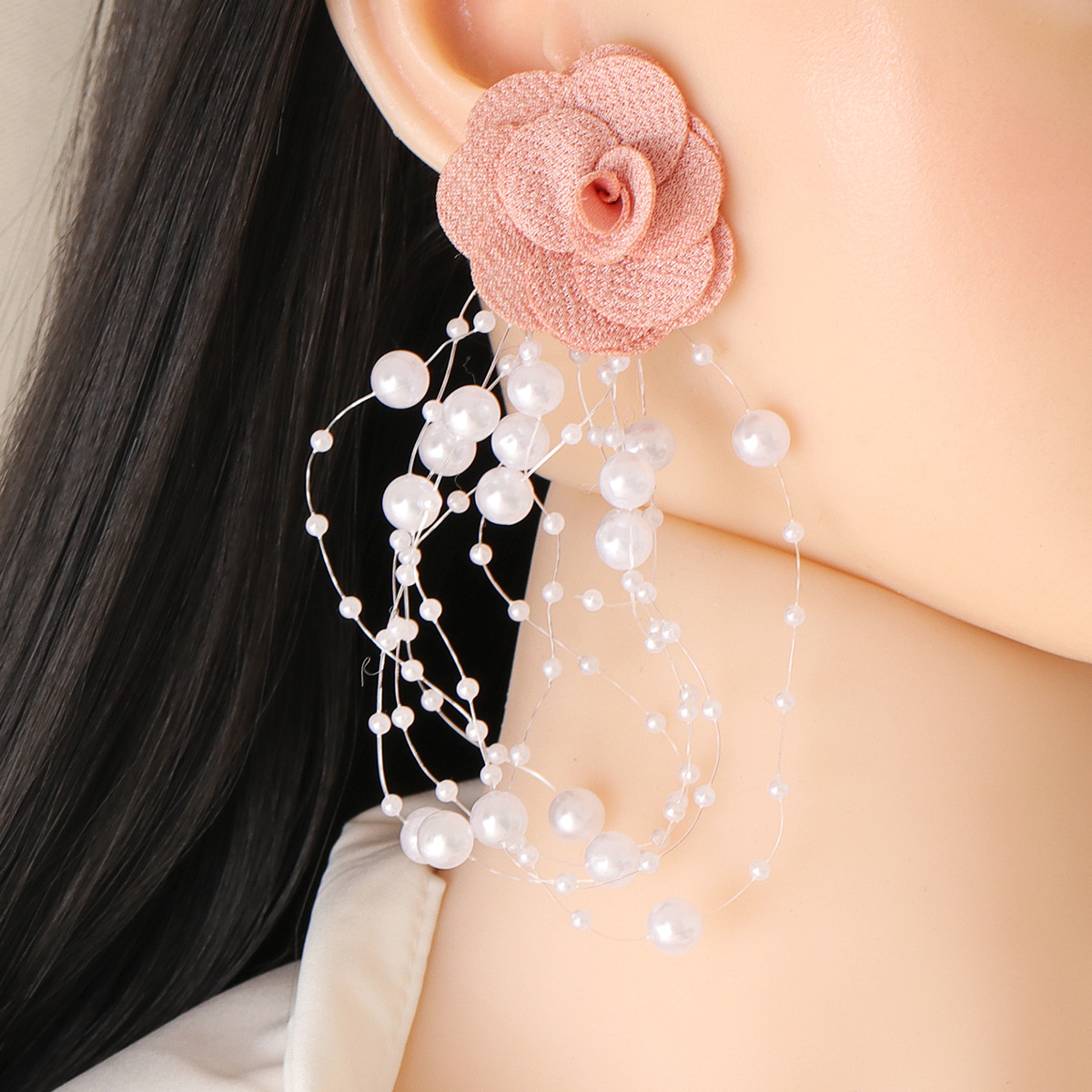 Fashion Chiffon Cloth Lace Flower Pearl Tassel Multilayer Earrings display picture 13