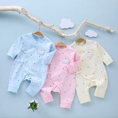 新款新生兒衣服春季嬰兒全棉無骨連體衣系帶卡通寶寶長袖哈衣