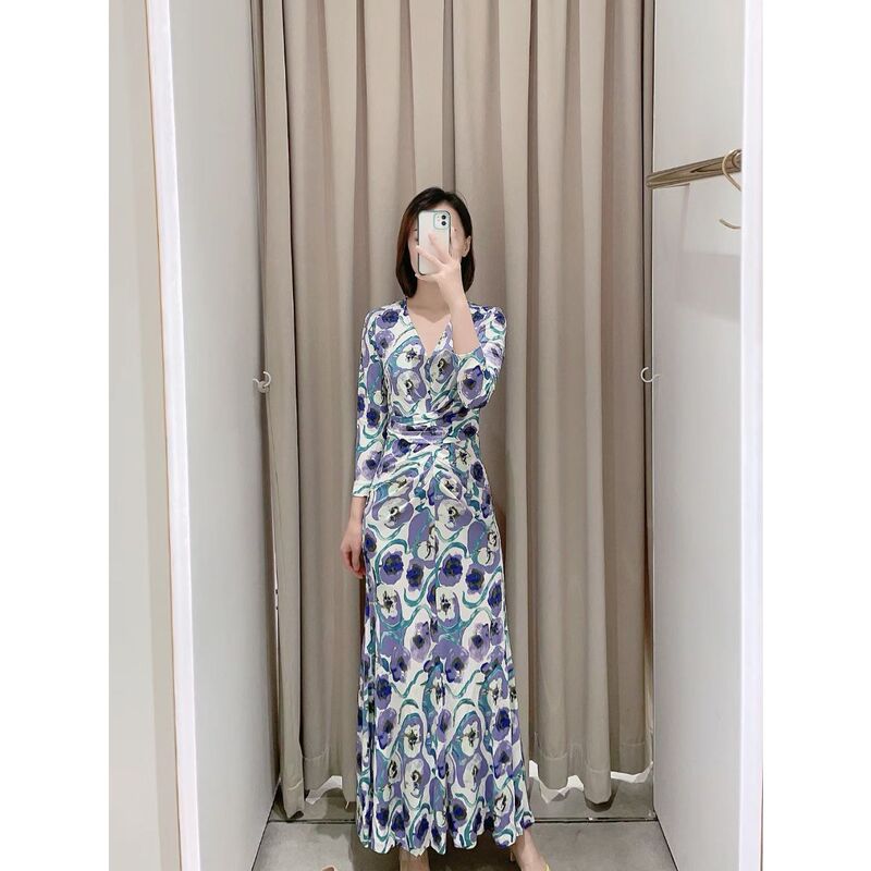 Dvf Summer New Blue, Green and Purple Abstract Watercolor Floral V Neck Long Skirt Ink Print Drape Dress