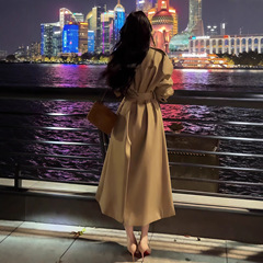 卡其色长款风衣外套女2025秋季新款韩版复古翻领系带收腰大衣