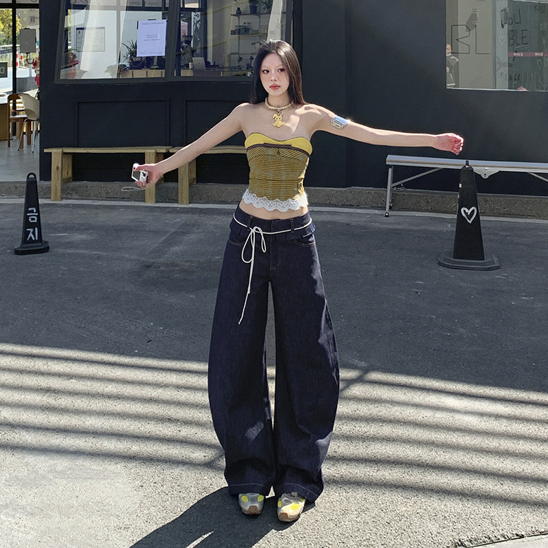 Ruffled Double-Waistband Long Pants for Women 2026 American Style Spicy Girl Design Washed Versatile Casual Scimitar Jeans Sweet Cool