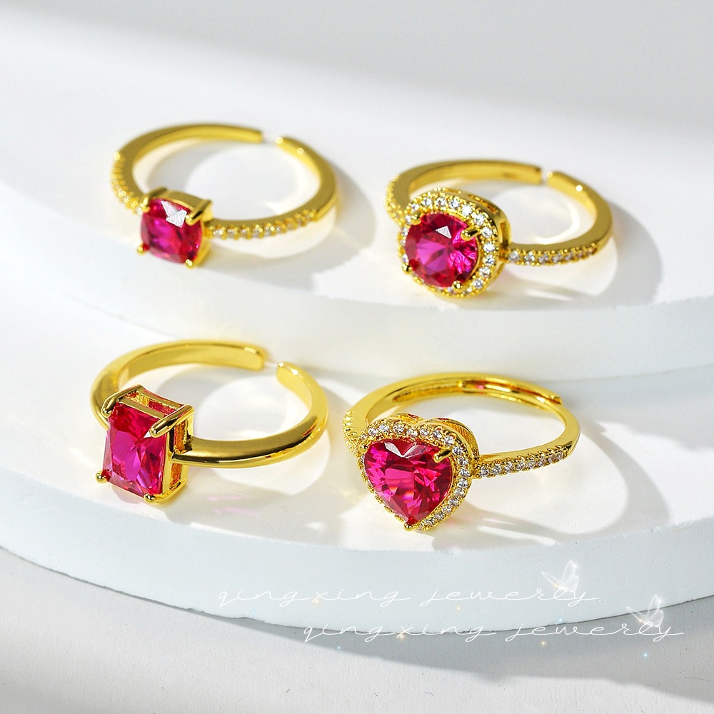 New love square diamond ruby ring micro inlaid zircon gold plated engagement ring domestic sales cross-border hot sale red corundum